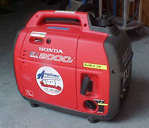 Anytime Rentals carries a large inventory of various capacity generators. We are stocked to handle all your power requirements for your next location, party or special event. Pictured above is our Ultra Quiet Honda EU2000 Watt Generator.